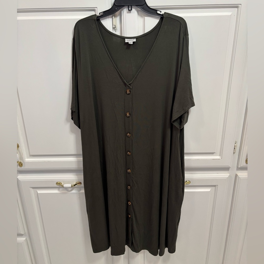 Avenue Deep Olive Faux Button Front Pocket Midi Dress Size 18/20